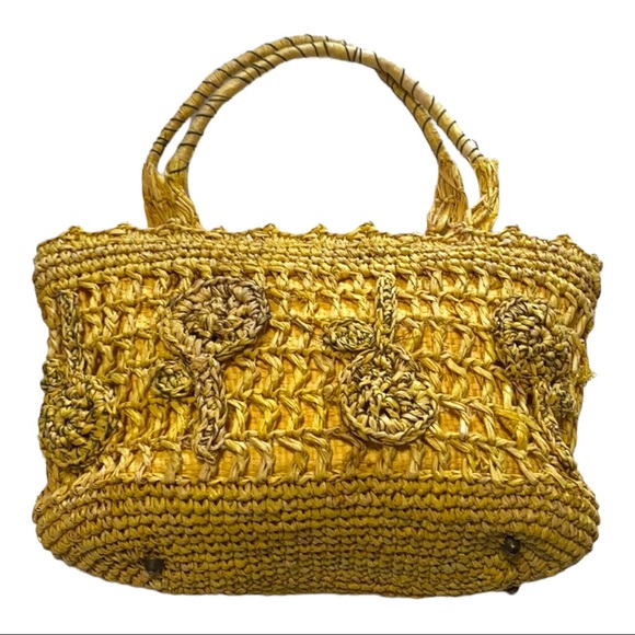 Handbags - Small Yellow Raffia Bag, Zip Closure, 2 Inside Pockets & 1 with a Zip Closure